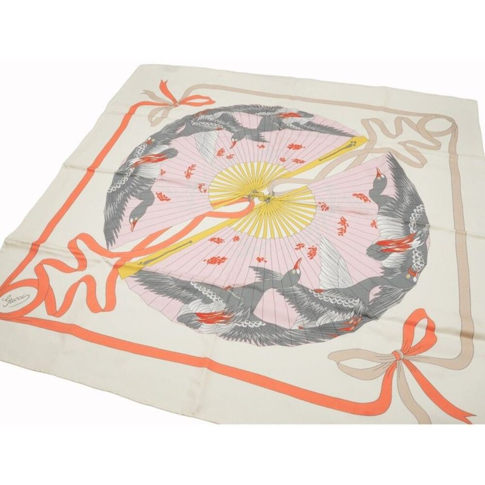Gucci Printed Silk Scarf Ca Fly Swan 90 X90 fan Swan Bird Ribbon Ivory - Picture 2 of 12